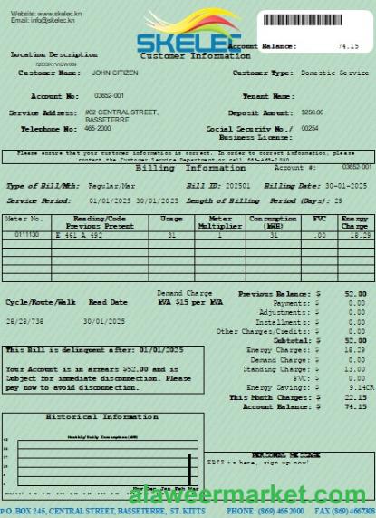 St. Kitts Electricity Company (SKELEC) utility bill editable template in PDF and Word formats